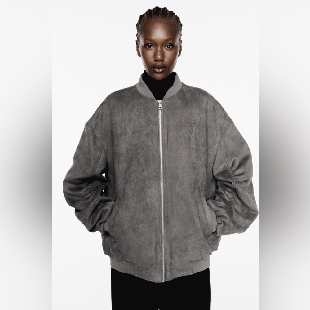 Zara Faux Suede Bomber Jacket Ruched Sleeves Grey Size Large